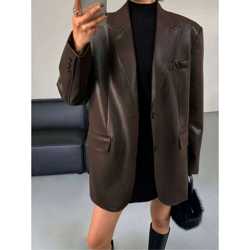 Vintage Autumn Black Brown Soft Pu Leather Blazer Women Biker Coat Long Sleeve Flap Pocket Suit Jacket Oversized Streetwear