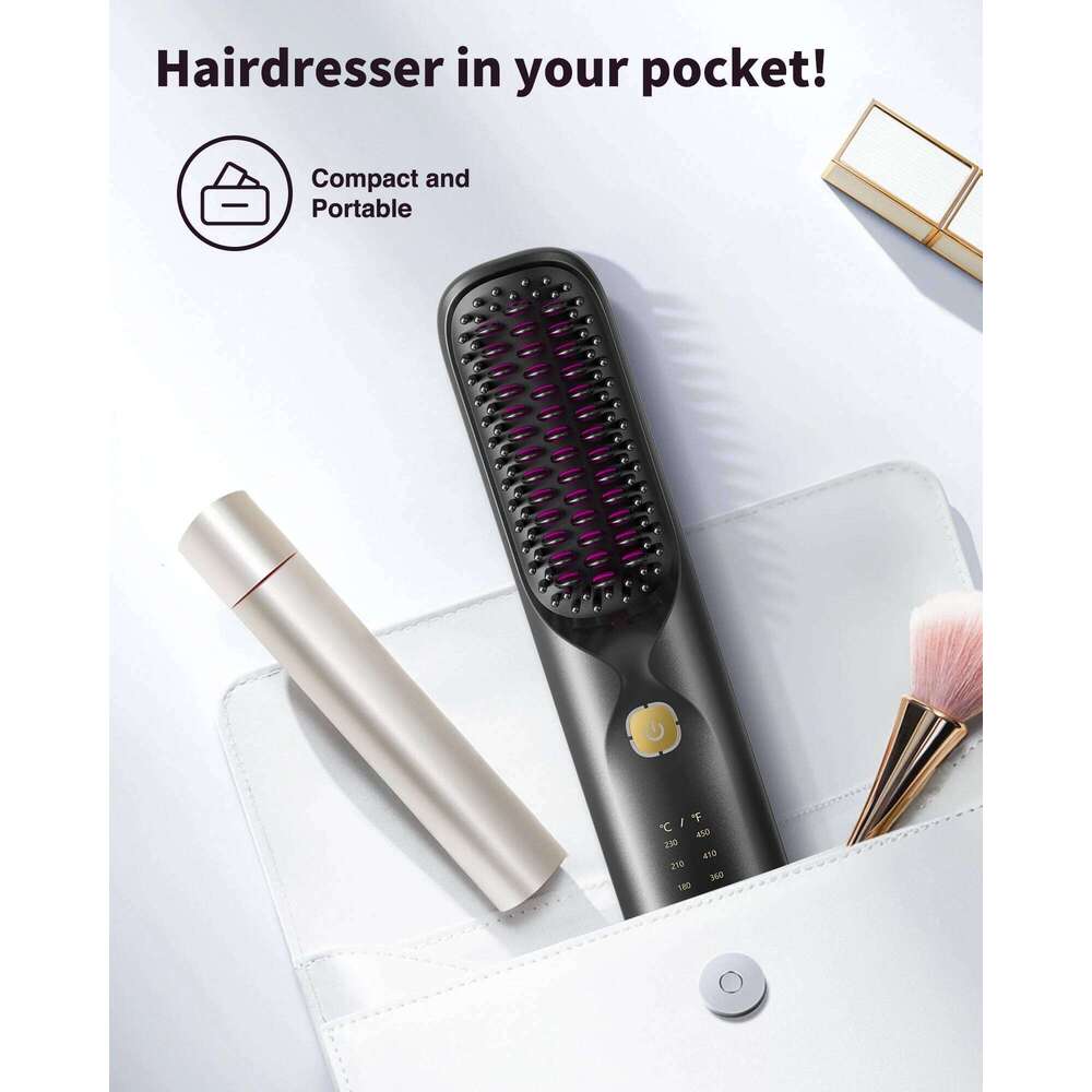Cordless Hair Straightener Portable Brush 30s Fast Heating 10000mAh Rechargeable 300 Million Negative Ions Straightening Comb