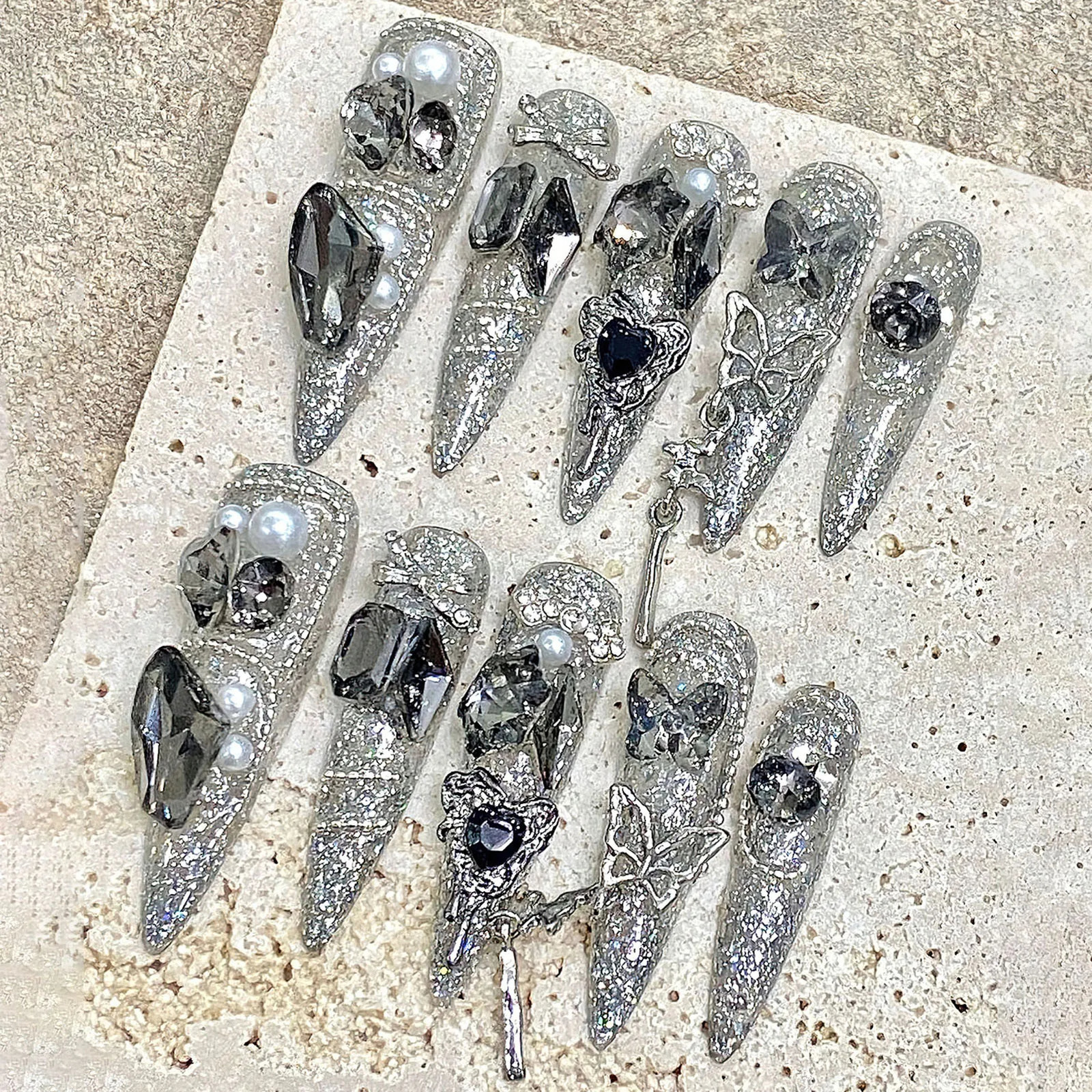 Handmade Press On Nails 3D Silver Butterfly Super Long Fake Nails Stiletto With Glitter Diamond Decor Wedding Bride False Nails 250612