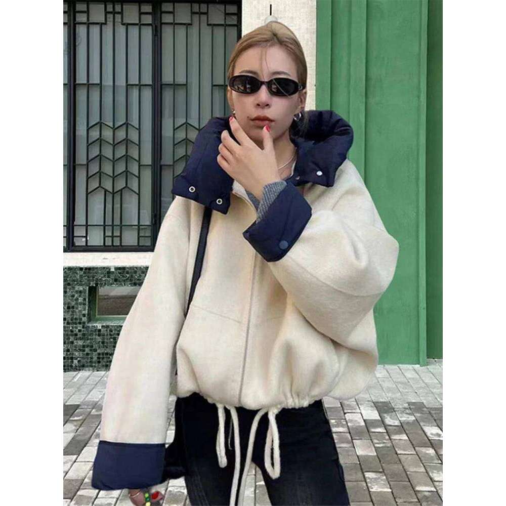 Oversize Hat Woolen Contrast Color Coat Women Zipper Casual Thicken Warm Long Sleeve Jacket 2024 Winter Pocket Street Outwear