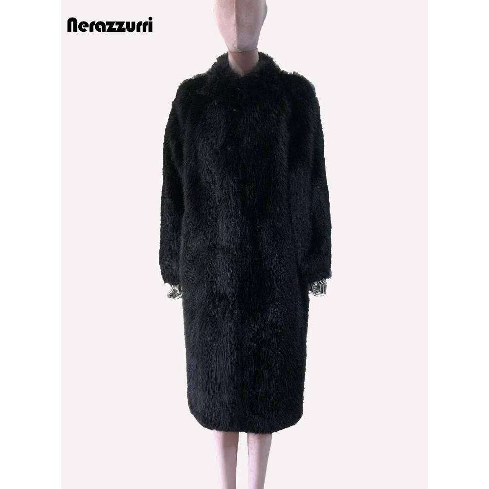 Nerazzurri Autumn Winter Long Fluffy Thick Warm Soft Hairy Black Faux Fur Coat Women Single Breasted Loose Casual Furry Overcoat
