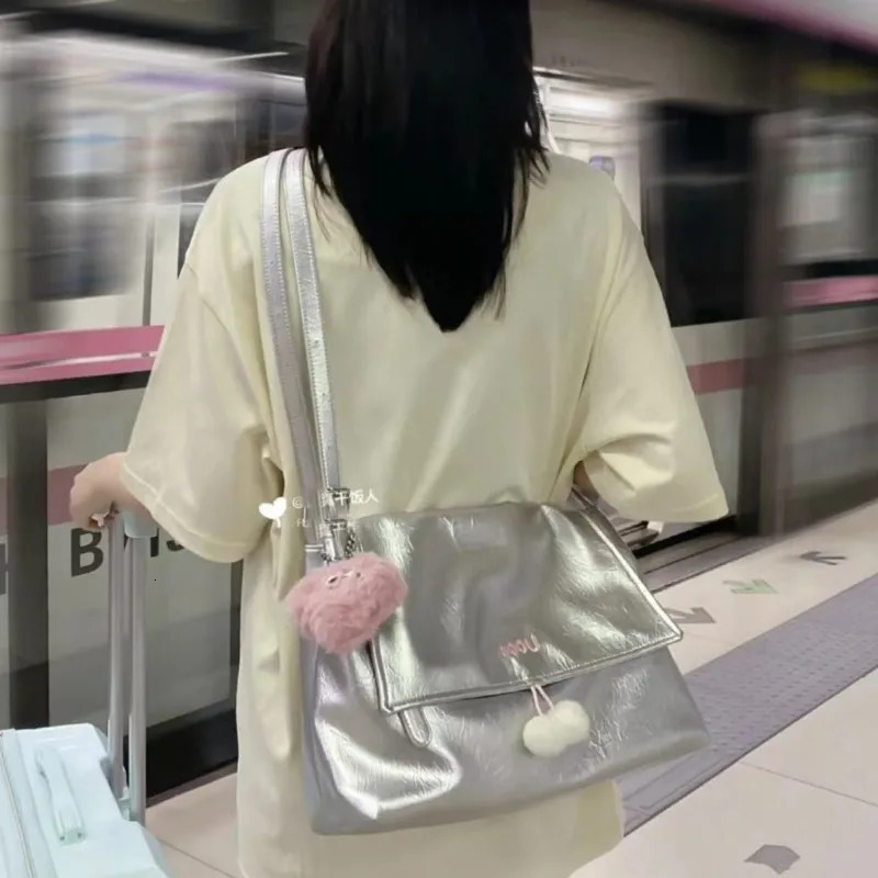 JIAERDI Large Capacity Silver Tote Bag Women High Street Pu Leather Casual Handbag Messenger Bag Ladies Retro Crossbody Bags Y2k 250614