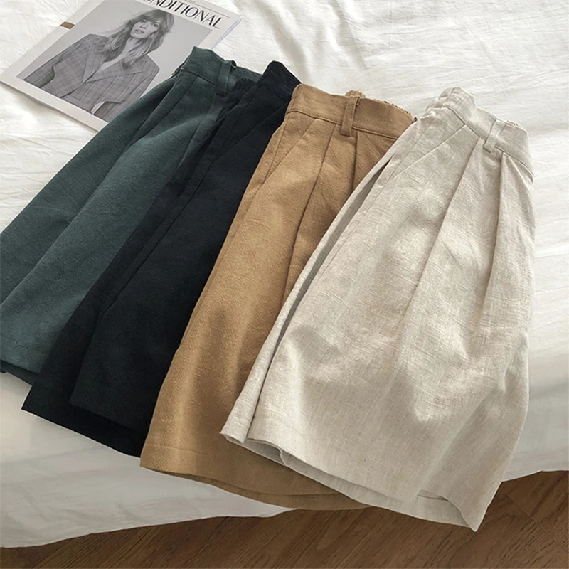 Limiguyue Breathable Cotton Linen Shorts Japanese Retro High Waist Wide Leg Bermuda Shorts Suit Casual Summer Woman Loose J200 250614