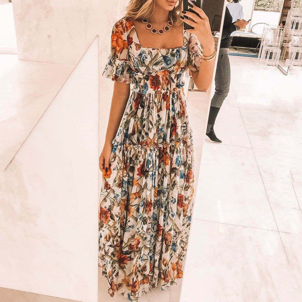 V616European and American high waist dress with square neck and printed lotus sleeves, Bohemian style, slim waist and flower fairy dress