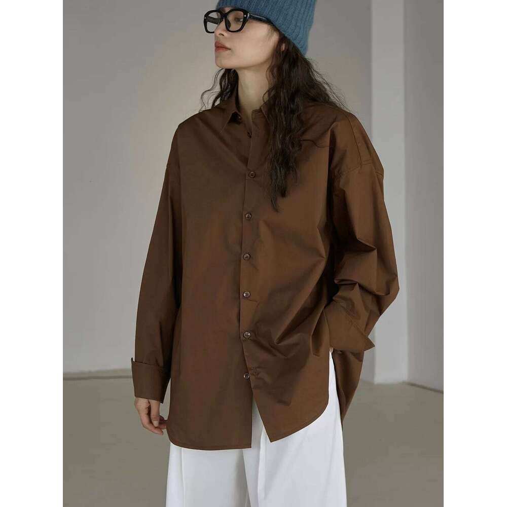 Autumn and winter women's casual solid color lapel long sleeved loose fitting shirt