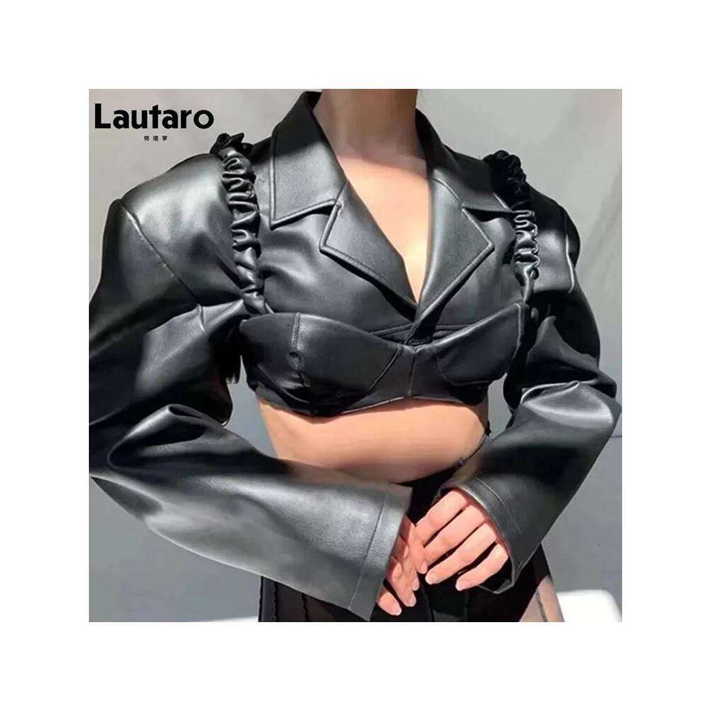 Lautaro Spring Autumn Short Soft Black Pu Leather Jacket Women 2025 Long Sleeve Designer Runway Sexy Fashion Cropped Top