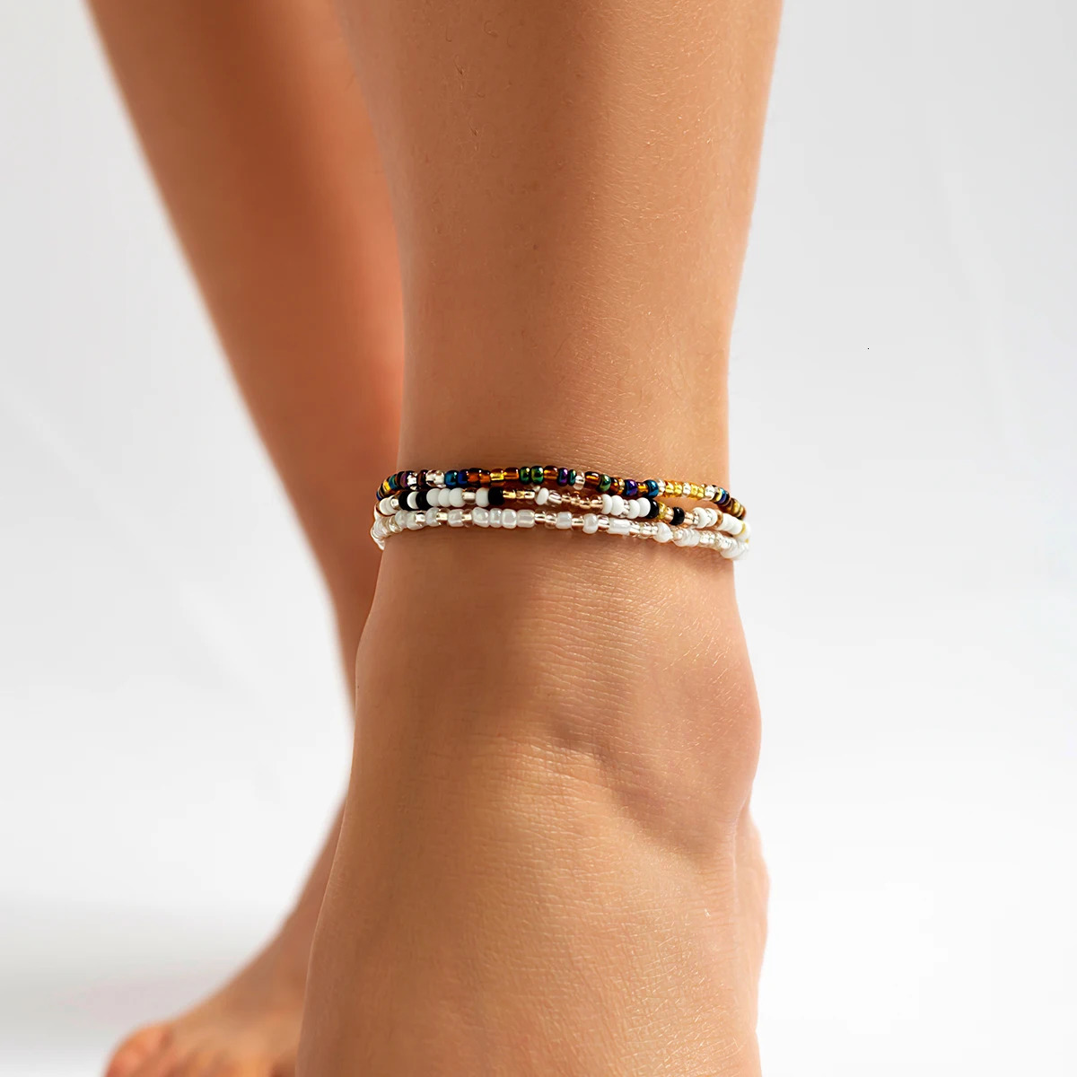 IngeSightZ Bohemian 3pcsset Multicolor Beaded Anklet Handmade Elastic Bracelet On The Leg Foot Summer Beach Jewelry 250606