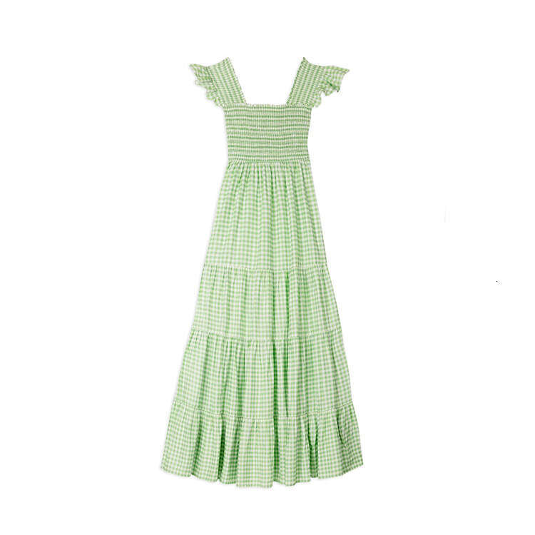Fulllace Designer Dress Goth Vestidos De Noche Womandress 604 Summer New 2025 Green Plaid Pure Cotton A-line Square Neck Flutter Sleeve Long Dress Fre