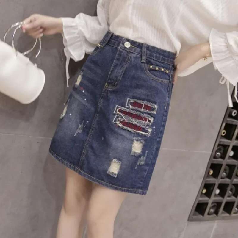 Cute Zipper Kawaii Midi Woman Denim Skirt High Waist Chubby Ripped Jeans Skirts for Women with Pocket Blue V Luxury Elegant Chic