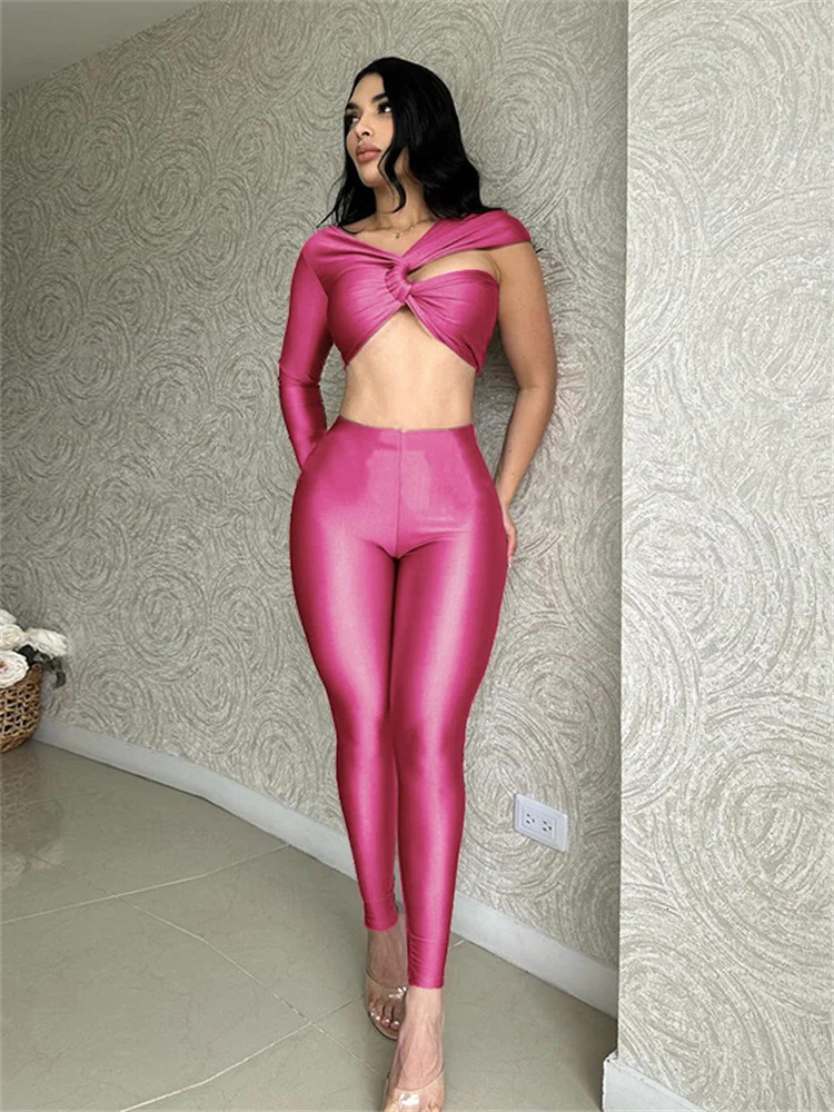 kliou Silky Matching 2 Piece Women Classic Cross Single Sleeve Slash Neck Crop TopsHigh Waist Pants Female Attractive Sets 250616