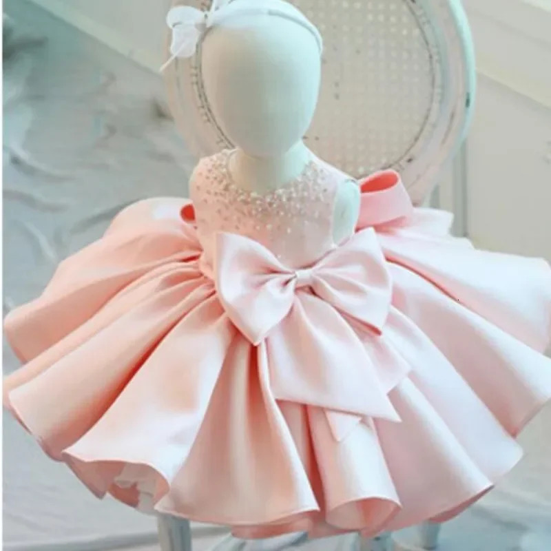 Fashion Beaded Bow Baby Girl Dress Princess Fluffy Tulle Infant Clothes Baby Girls Baptism Christening 1st Birthday Gown 250617