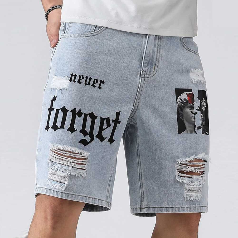 Men Summer Stretchy Denim Shorts Jeans For Men Streetwear Letter Ripped Knee length Baggy Comfort Cargo Casual Shorts Pants Jean Z250617