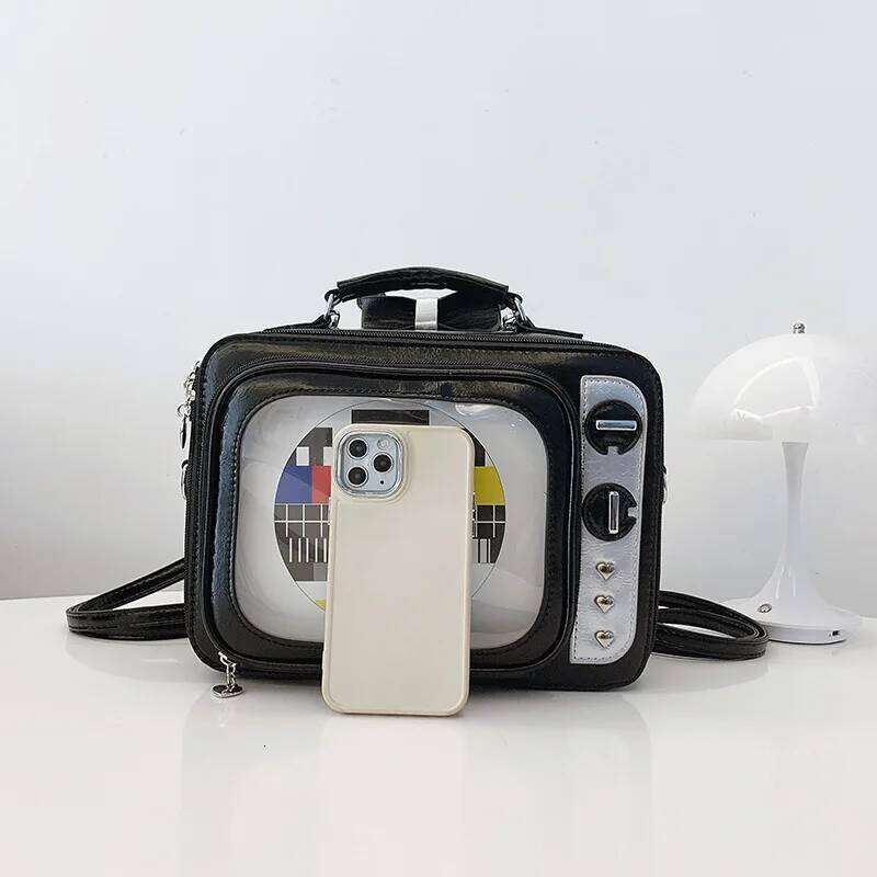 Cartoon Cute Handbags For Women Funny Retro TV Transparent Square Fashion Leather Personalized Creative Shoulder Bag Woman