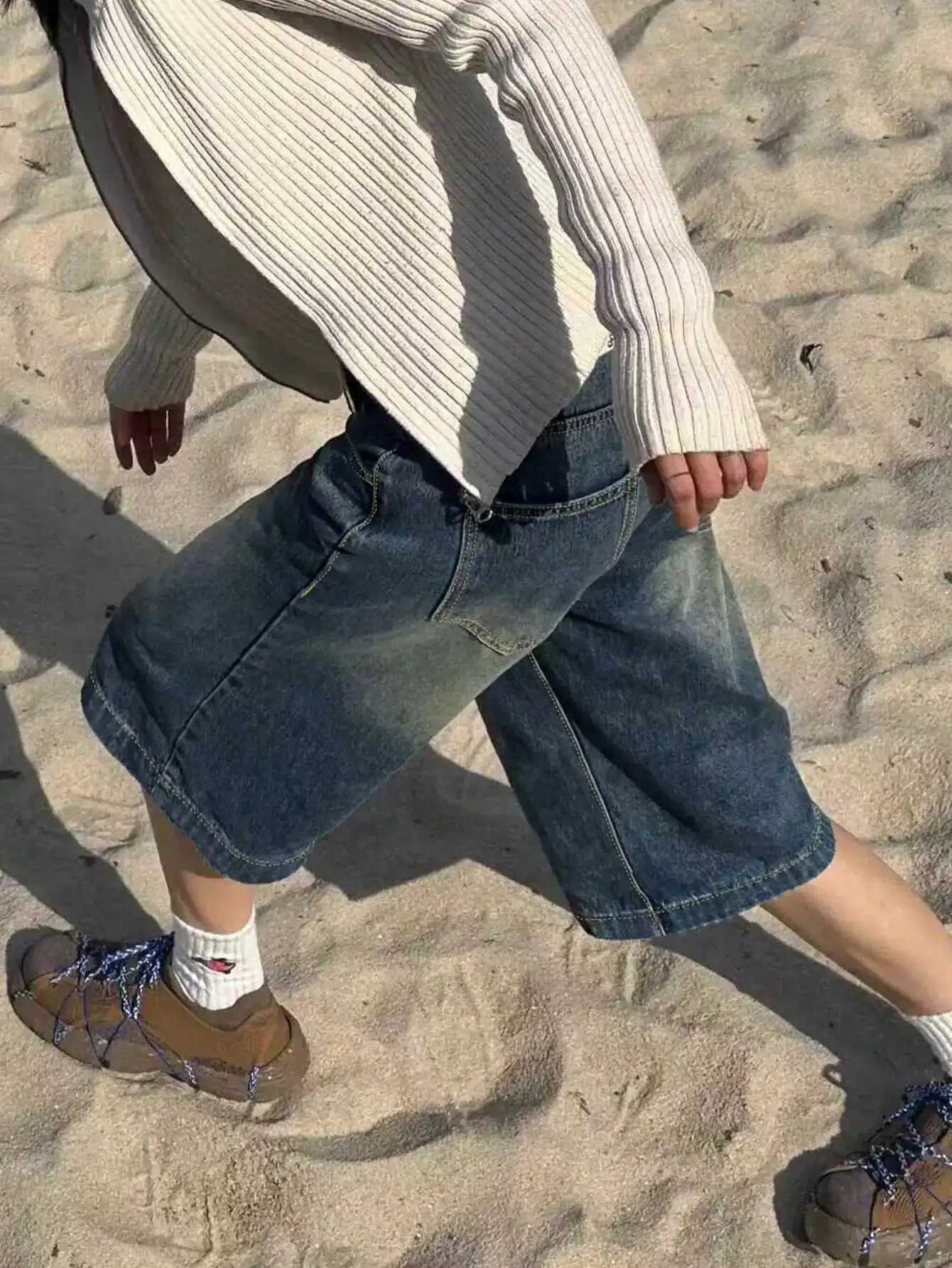 Y2K Street Vintage Drop Waist Slant Pocket Washed Cat Whisker Wide Leg Jorts Bermuda Denim Shorts Z250617