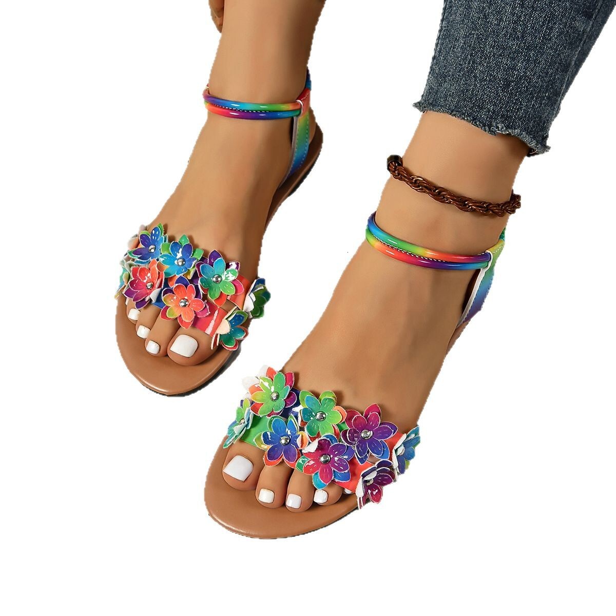 Women's flat shoes, colorful floral women's plus size sandals, designer sandals, fashionable daily commuting women's slippers