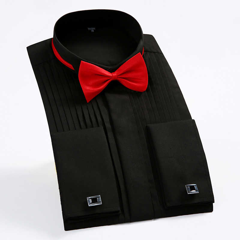 Mens Wing Tip Collar Dress Shirt White Red French Cuff Button Men Wedding Shirt Business Formal Party Tuxedo Dress Shirts Bowtie