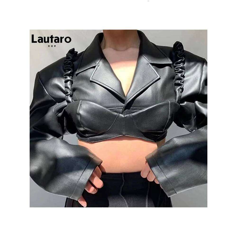 Lautaro Spring Autumn Short Soft Black Pu Leather Jacket Women 2025 Long Sleeve Designer Runway Sexy Fashion Cropped Top
