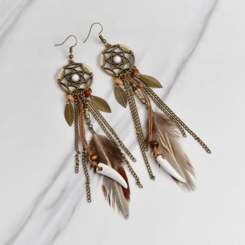 Boho Tribal Ethnic Vintage Dream Catcher Feather Leaf Long Tassel Dangling Earrings Women Vacation Jewelry 250610