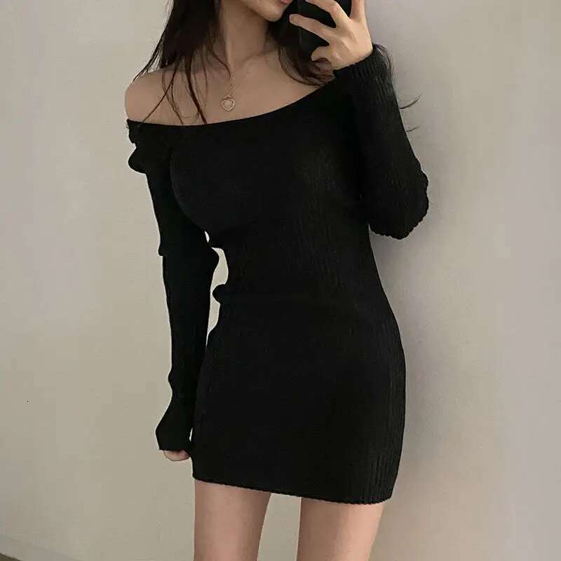 Female Dress Solid Short Extreme Mini Clothing Black Crochet U Neck Womens Dresses Bodycon Knit Long Sleeve New in One-piece