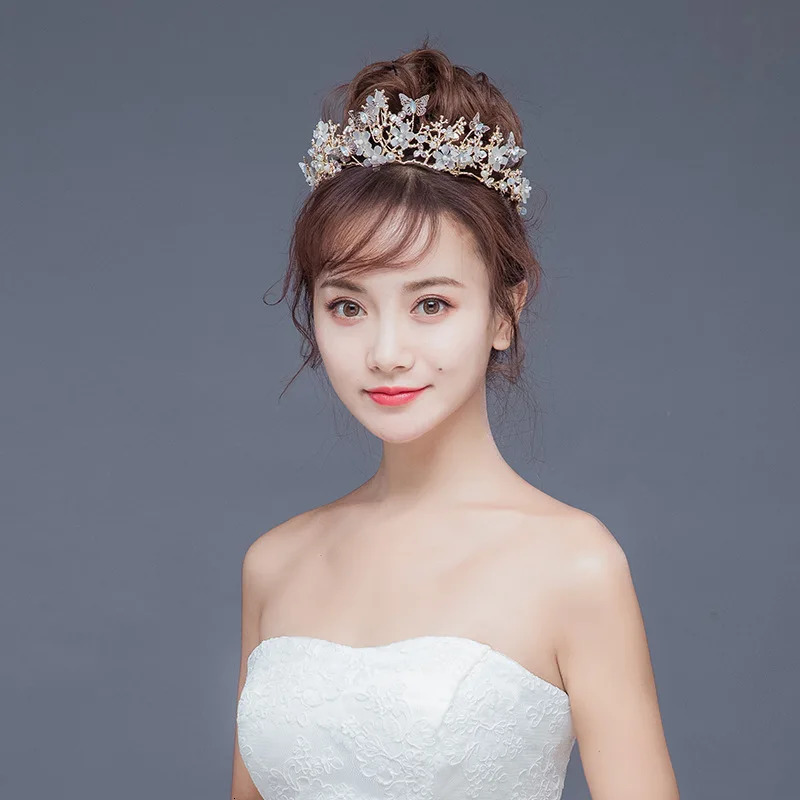 KMVEXO Bridal Crown Baroque Pearl Rhinestone Crown Tiara Butterfly Hairband Wedding Hair Accessories Princess Crown Bride Tiaras 250603