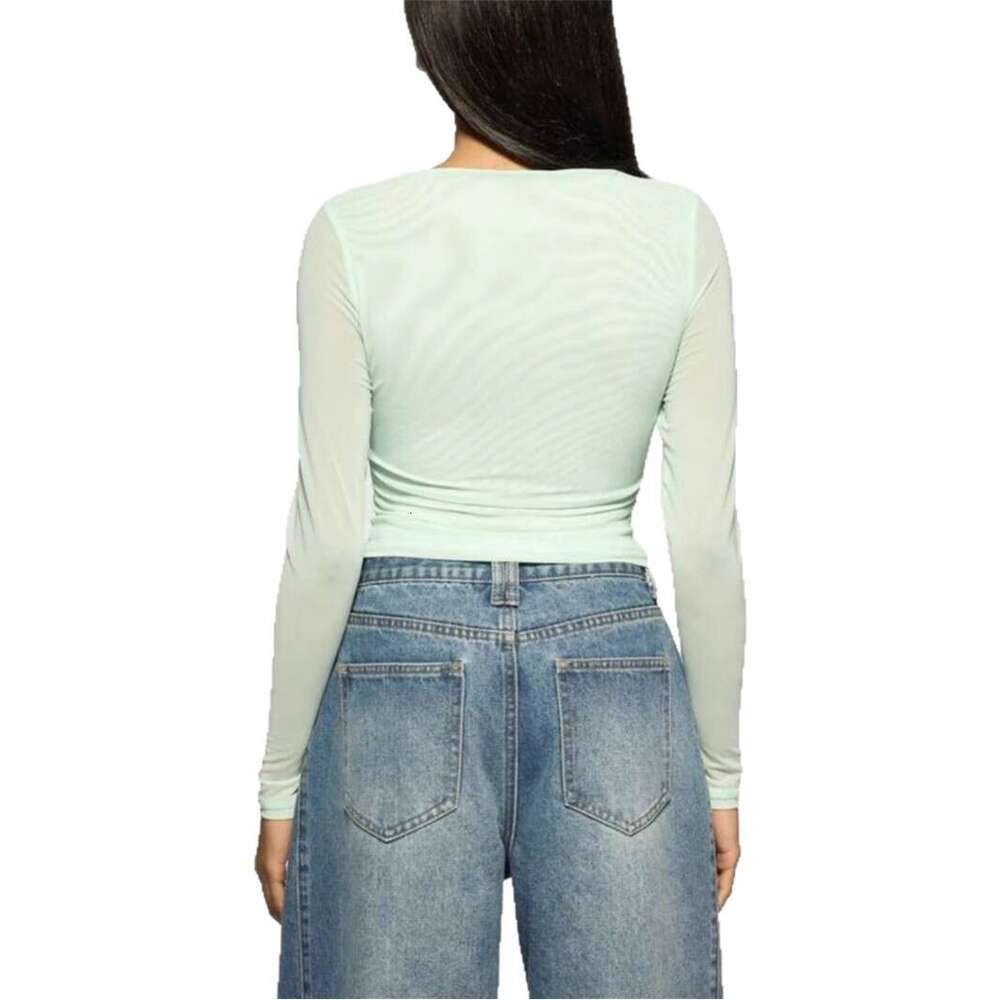 New Women's Fashion Casual Printed Slim Fit Mesh Semi-Transparent Hollow Long Sleeve T-Shirt B5