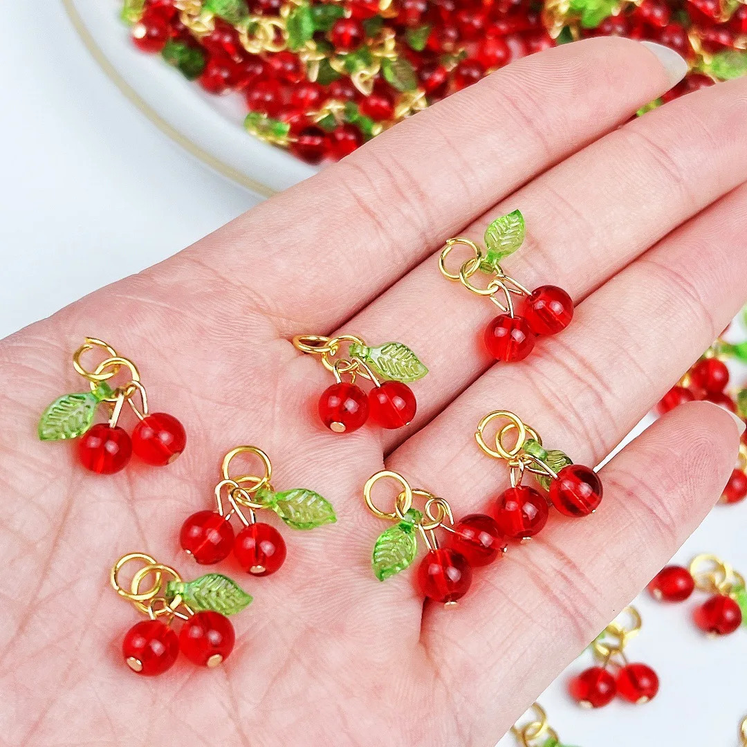 10Pcs Glass 3D Red Cherry Acrylic Charms Fruit Earrings Pendants for DIY Necklaces Keychains Jewelry Making Accessories 250609