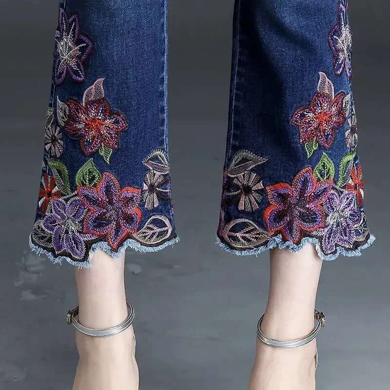 Trousers and Capris Womens Jeans High Waist Shot Straight Leg with Pockets Blue Pipe Pants for Women Cropped Embroidered Medium