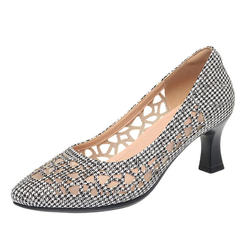 Summer Single Shoes Mesh Breathable Versatile High Heels Womens Shoes Middle-Aged Temperament Pointed Toe Shallow Mouth Shoes 250613