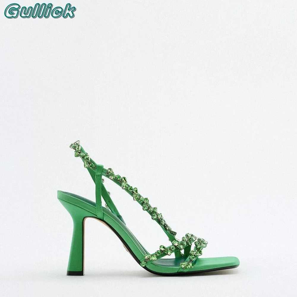 Blue Gemstone Beaded Sandals Square Toe Slingback High Heel Sexy Green Color Slip On Solid Chic Narrow Band Summer Shoes M250617