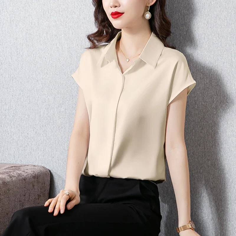 Vintage Blouse Women 2025 Summer Satin Shirt Silk Elegant Womens Tops Short Sleeve Blouses and Shirts Fashion Women Clothing 250614