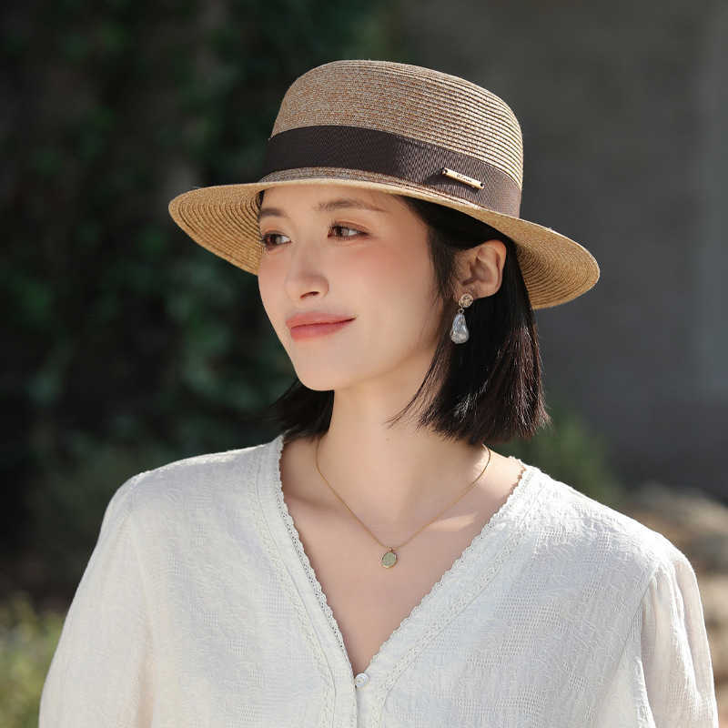 Summer Hat for Women, Beach Raffia Hat, Sun Protection, Sunshade, Woven Flat Top Hat, Large Head Circumference Sun Hat 250615