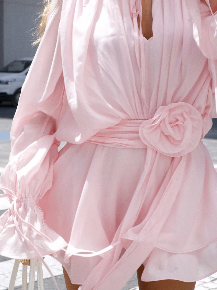 Sweet Pink 3d Flower Ruffle Hem Dress For Women Chic V-neck Flared Sleeve Lace Up Mini Dresses Daily Commute Street Robes 250612