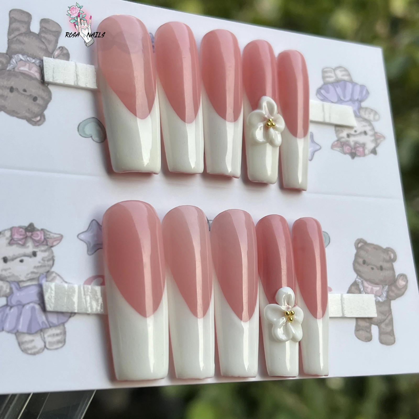 French Tips Extra Long Square Nail Art 3D Flower Nude Colours French Tip Long XL Square Flowers Acrylic Handmade Press on Nails 250612
