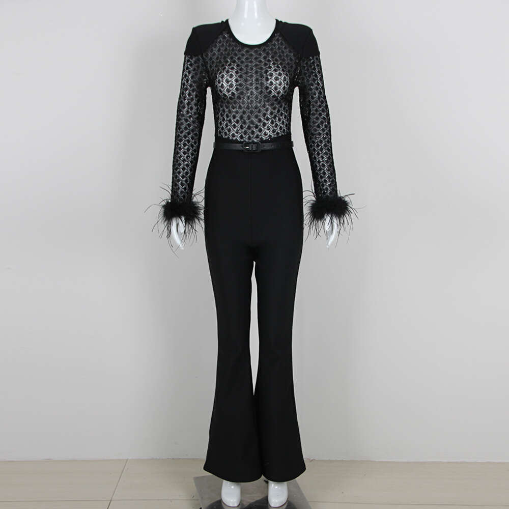 Spring New Fashion Sexy Lace Sequin Feather Bandage Jumpsuit for Women