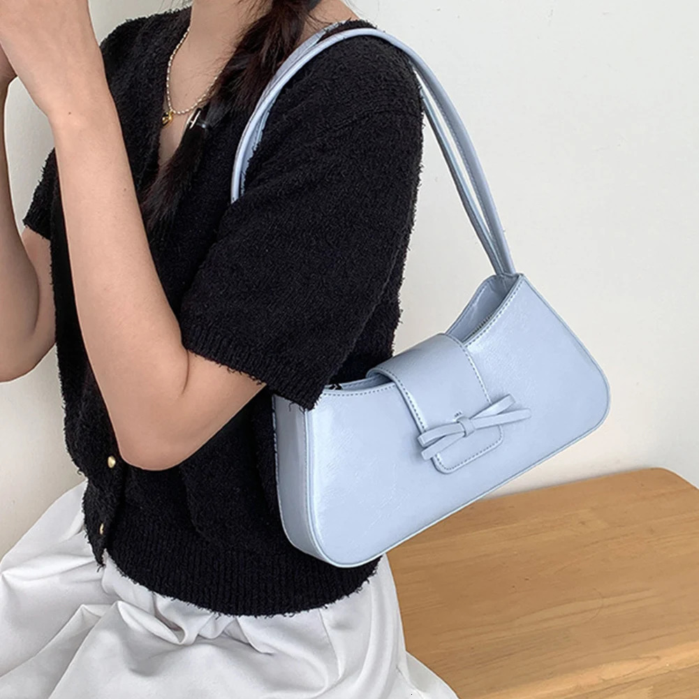 Sweet Bow Y2K Handbag PU Leather Underarm Pouch Women Retro Clutch Purse with Zipper Girls Causal Handbag Chic Top-Handle Bags 250614