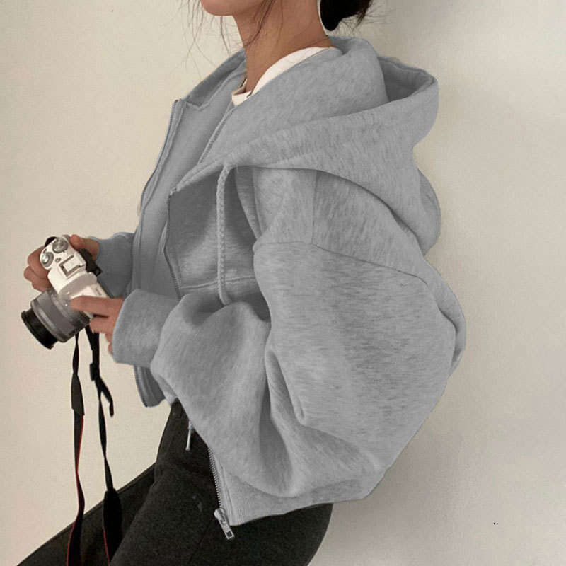Spring Summer New Ins Versatile Fashion Short Slim Fit Zipper Warm Solid Color Hoodie Women 661 B5