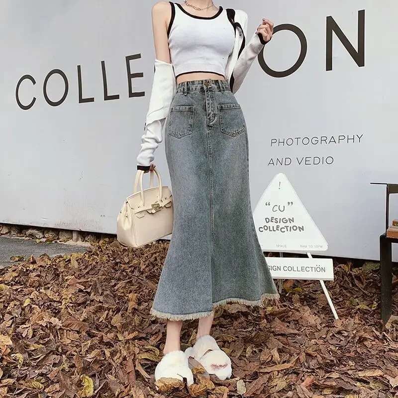 Korean Style Premium Fashion Blue High Waist Jeans Skirts for Women Stylish Modest Aesthetic Luxury Elegant Woman Denim Skirt