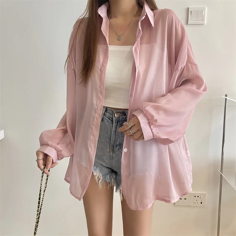 Semi Sheer Long Sleeve Shirt for Women Shimmer Button Down Collared Plain Lightweight Shirt Spring Summer Chic Tops Outfit 250616