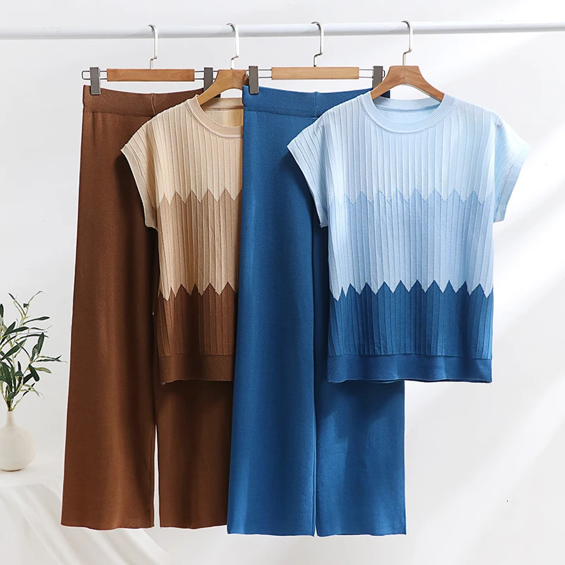 Casual Gradient Summer Knit Pants Sets Women Loungewear 2 Piece Pajama Women Set Knitted Tank Top Two Piece Set For Women 2025 250616