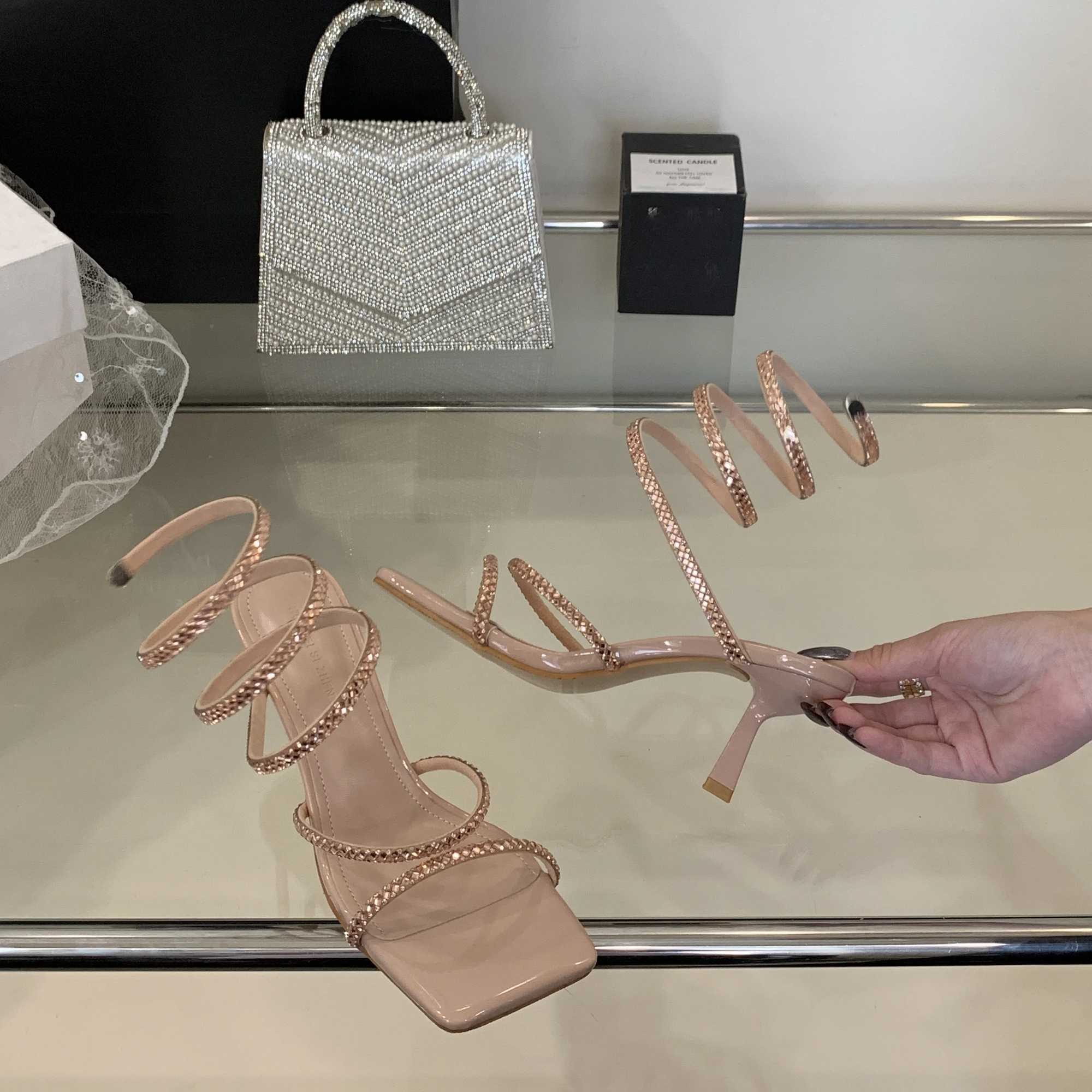 2025 Summer Fashion Square Toe Rhinestone Snake-Wrap Party Wedding Womens Mid-Heel Sandals Z250617