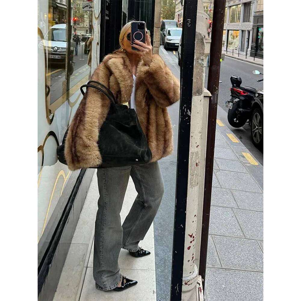 Gold Dyed Pointy Faux Fur Coat Suit Collar Fluffy Short Overcoat Vintage Thickened Warm Loose Fashion Women's Outwear Top Winter