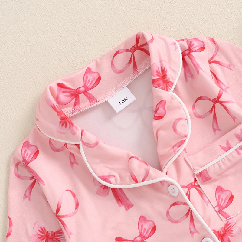 Baby Girl Fall Sleepwear Romper Cute Bow/Strawberry Print Button Down Long Sleeve Lapel Full Length Jumpsuit 250617