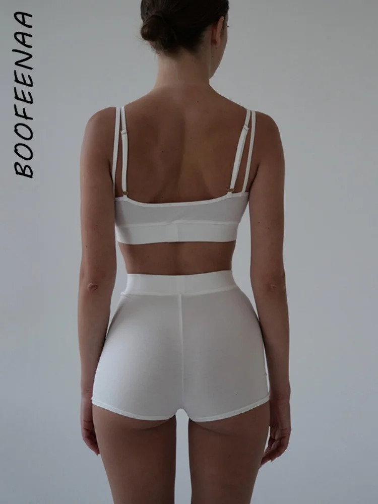 BOOFEENAA Sporty 2 Pieces Set for Woman Outfit Crop Top and Shorts Matching Sets Active Wear Summer Clothes 2025 C66CB13 250612