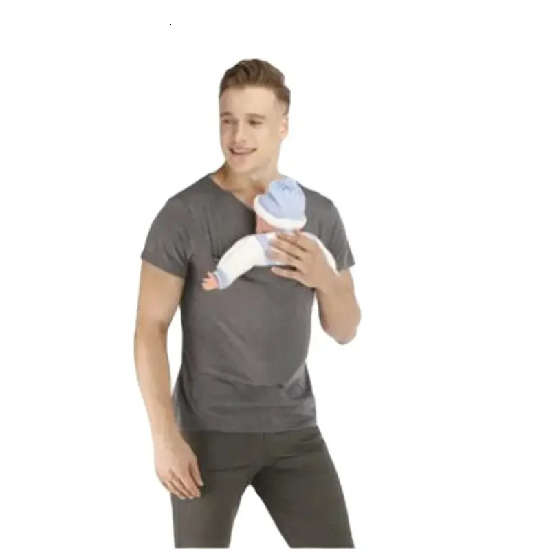 Kangaroo Safety Pocket T-Shirt Baby Summer Pregnancy Feeding Nylon Cotton Clothing Father Mother Short Sleeves Tops 250617