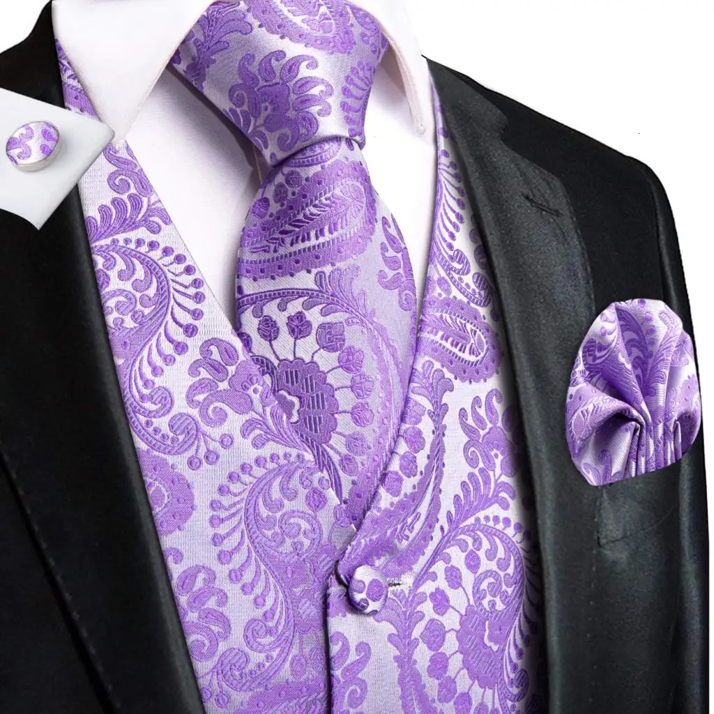 Lilac Lavender Purple Silk Mens Waistcoat Tie Set Sleeveless Jacket Suit Vest Necktie Hanky Cufflinks Wedding Business Oversized 250614