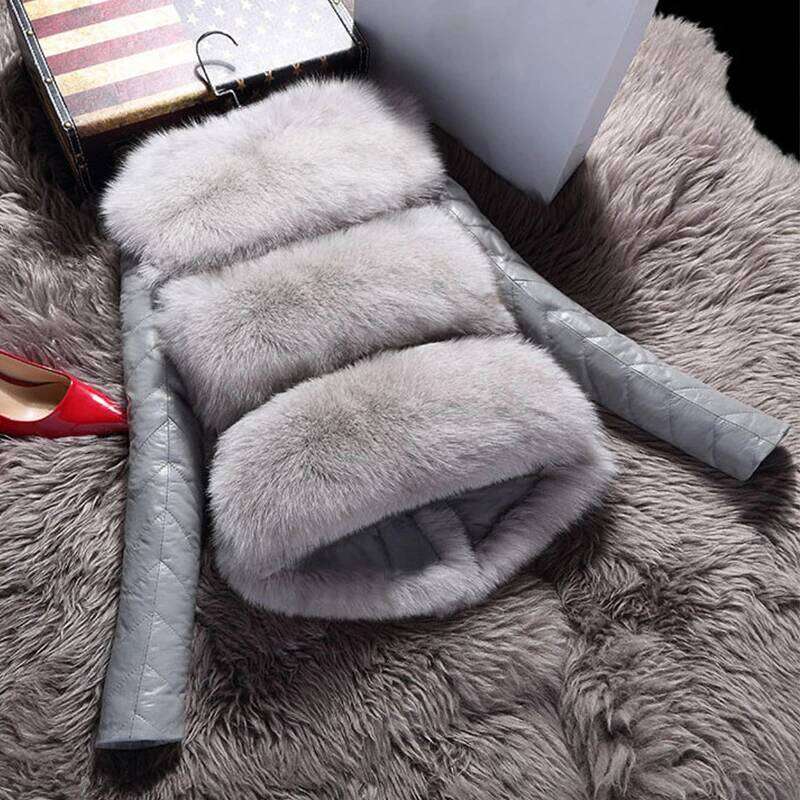 HJQJLJL 2022 Winter Removable PU Sleeve Faux Women Short Fluffy Fake Fur Outerwear Fashion Fuzzy Coat Overcoat
