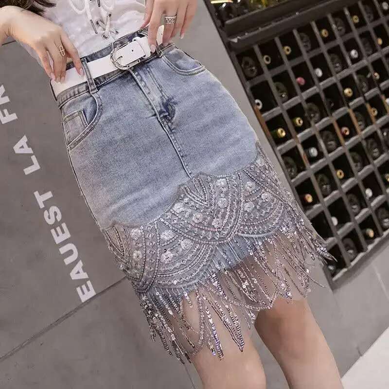 Sequin Wrap Tight Woman Denim Skirt Clothing Trend 2025 New In Summer Vintage Sales Modest Y2k Cheap Jeans Skirts for Women