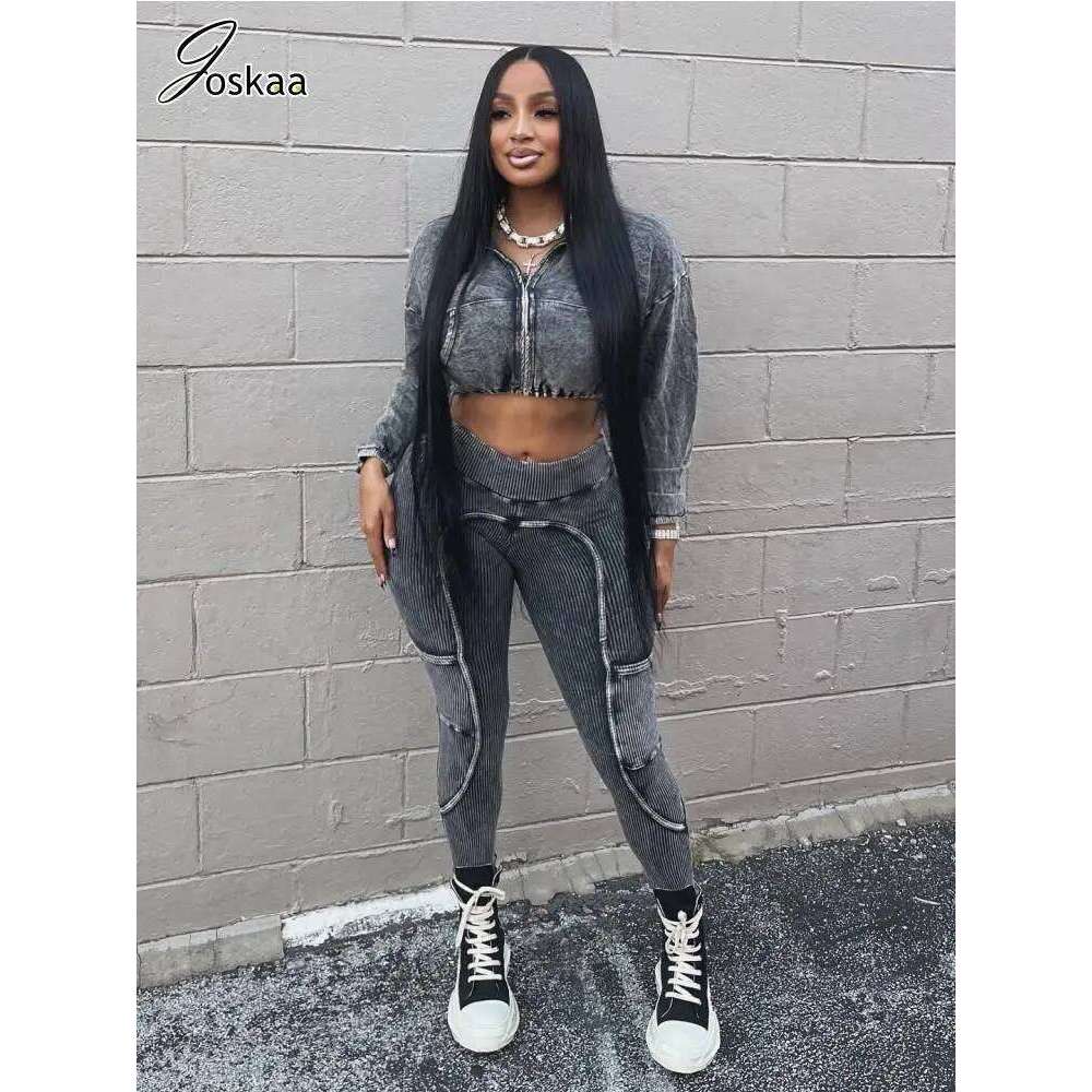 Joskaa Ribbed Patchwork Gym Set Women Casual Long Sleeve Zip Crop Tops and Pencil Pants Matching 2 Piece Sets Fiess Tracksuits
