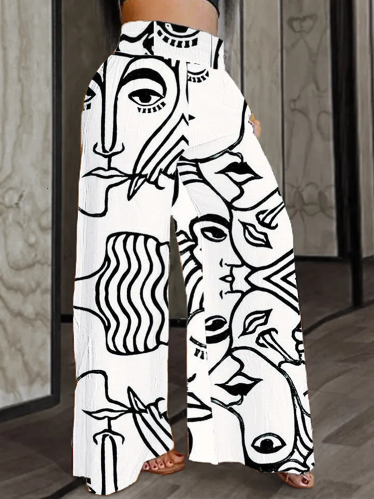 Summer plus Size 5XL Wide Leg Pants Contrast Print Pattern Fashionable Trendy Versatile Womens Elastic Waist Casual Trousers 250609