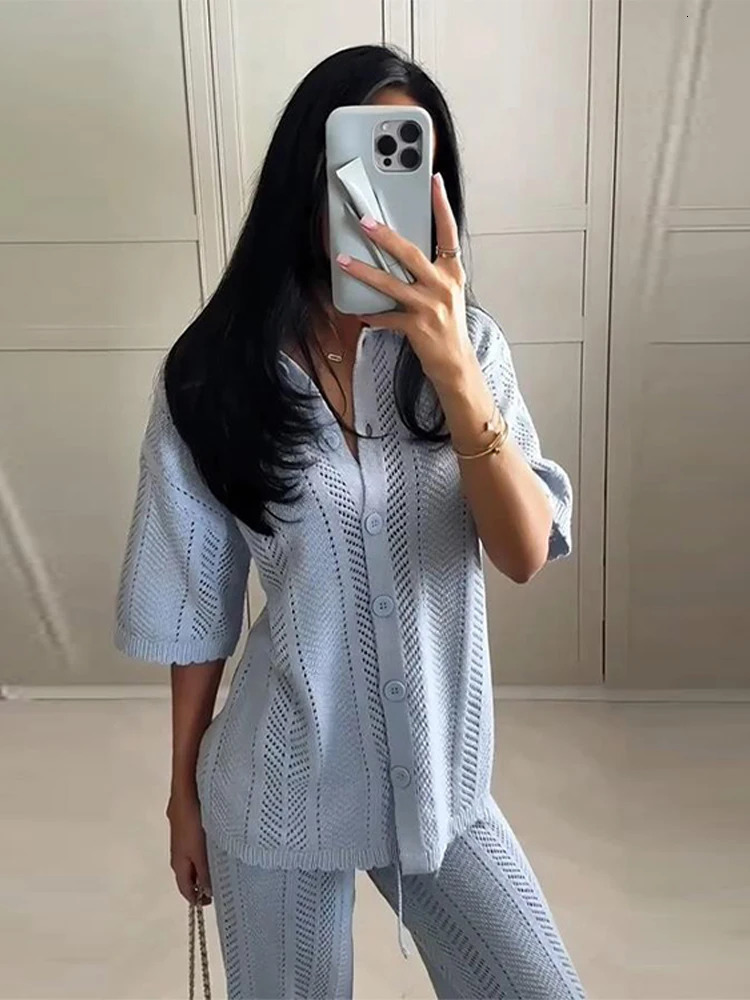 Casual Knit Pants Suits Women Lapel Short Sleeves Hollow Out Single Breasted Outfits Female 2025 Summer Elastic Waist Sets Lady 250616